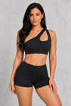 Sculp One-Shoulder Push-Up Sports Bra in Black – front view with cut-out detail