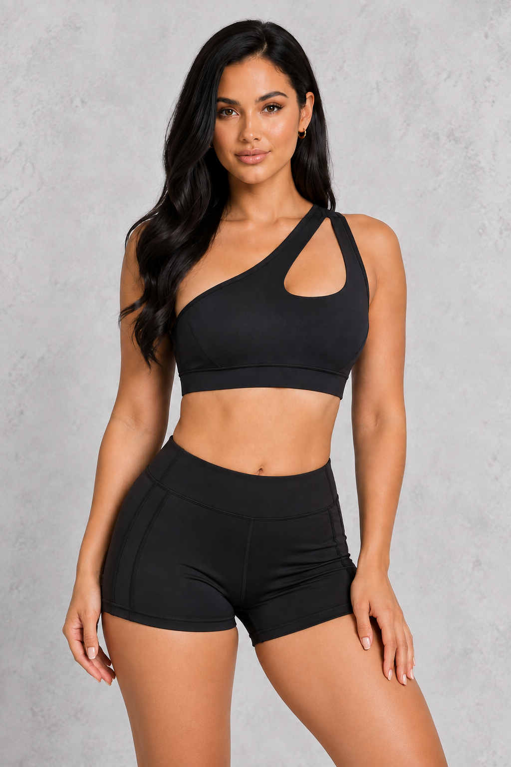 Sculp One-Shoulder Push-Up Sports Bra in Black – front view with cut-out detail