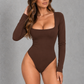 Sculp Square Neck Long Sleeve Bodysuit in Dark Brown, front view