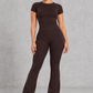 Sculp Fitted T-Shirt & Flared Leggings Set in Chocolate – front view