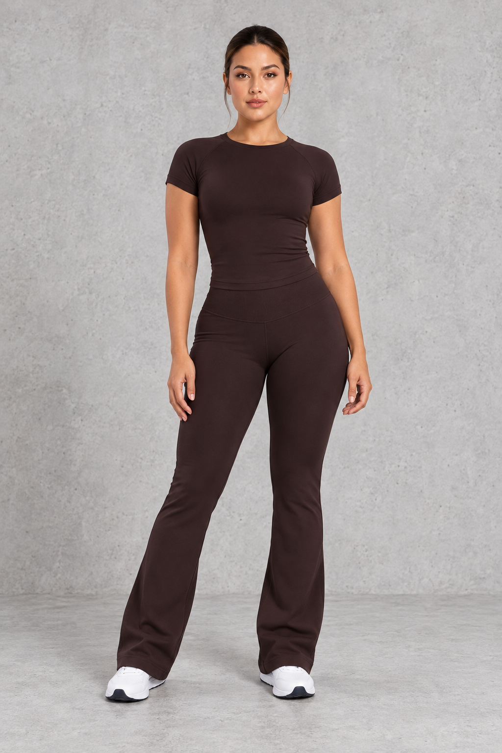 Sculp Fitted T-Shirt & Flared Leggings Set in Chocolate – front view