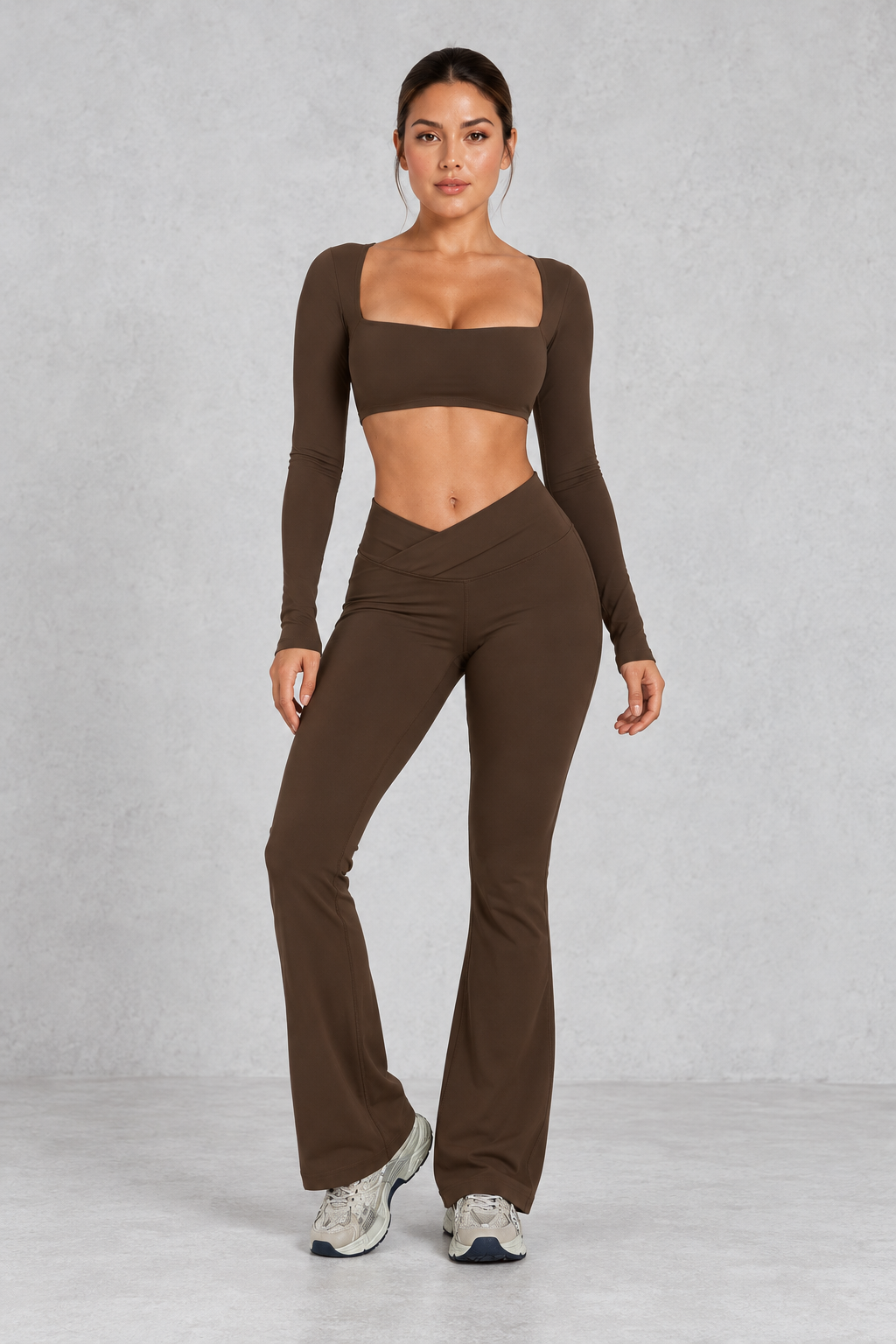 Sculp Flared Leggings Yoga Set in Chocolate – front view