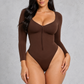 Sculp long sleeve zip-front thong bodysuit in brown