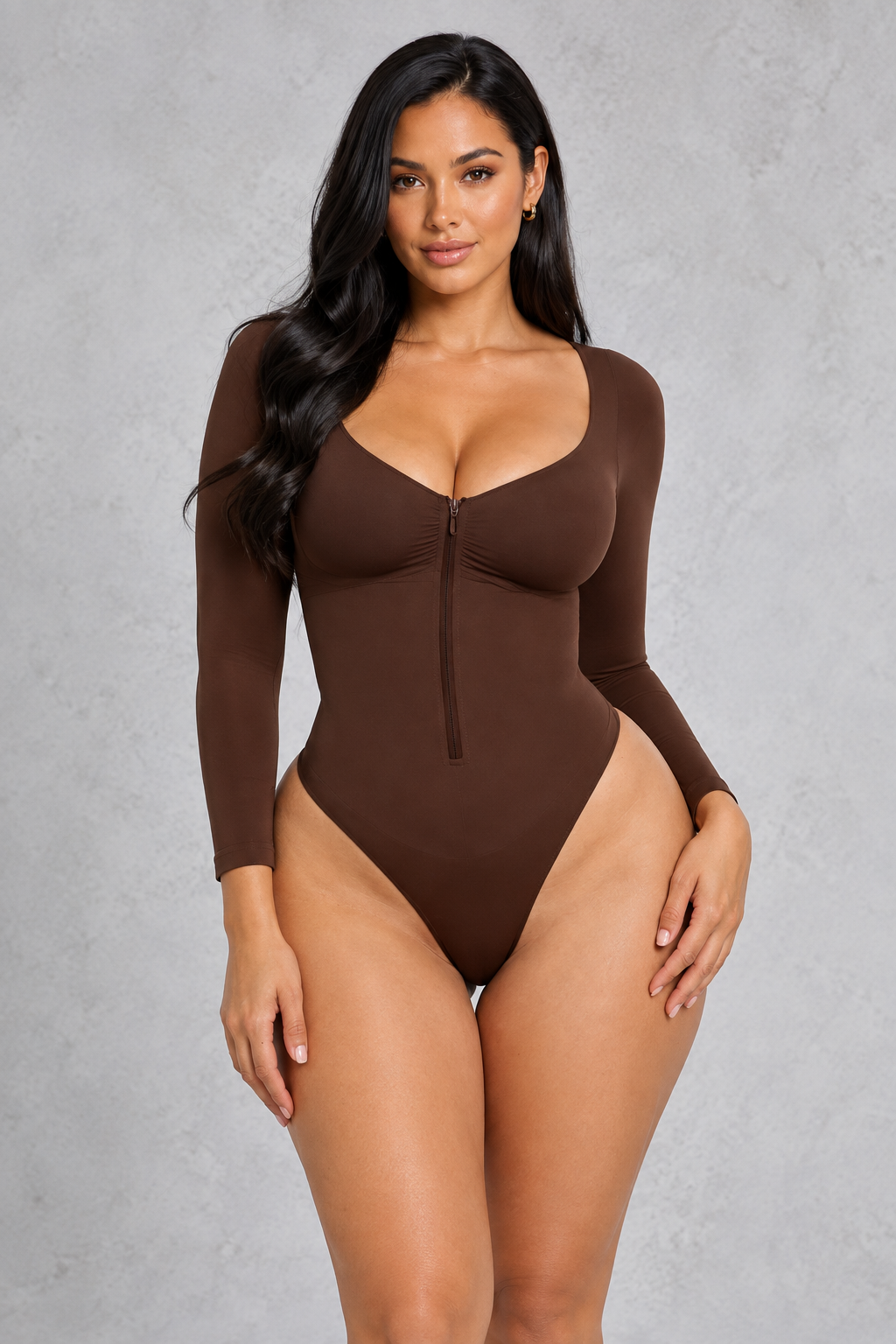 Sculp long sleeve zip-front thong bodysuit in brown