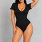 Sculp Ribbed V-Neck Bodysuit – Black, front view