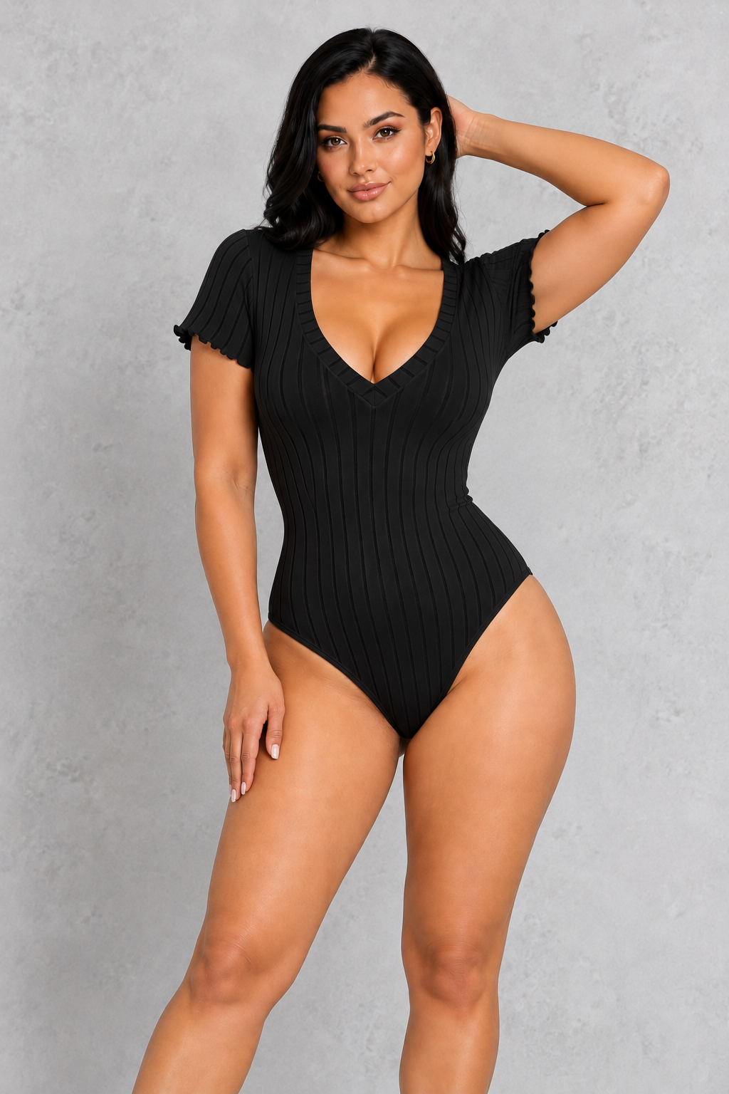 Sculp Ribbed V-Neck Bodysuit – Black, front view