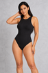 Sculp High Neck Thong Bodysuit in Black – front view