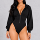 Sculp Hooded Long Sleeve Bodysuit in Black, front view