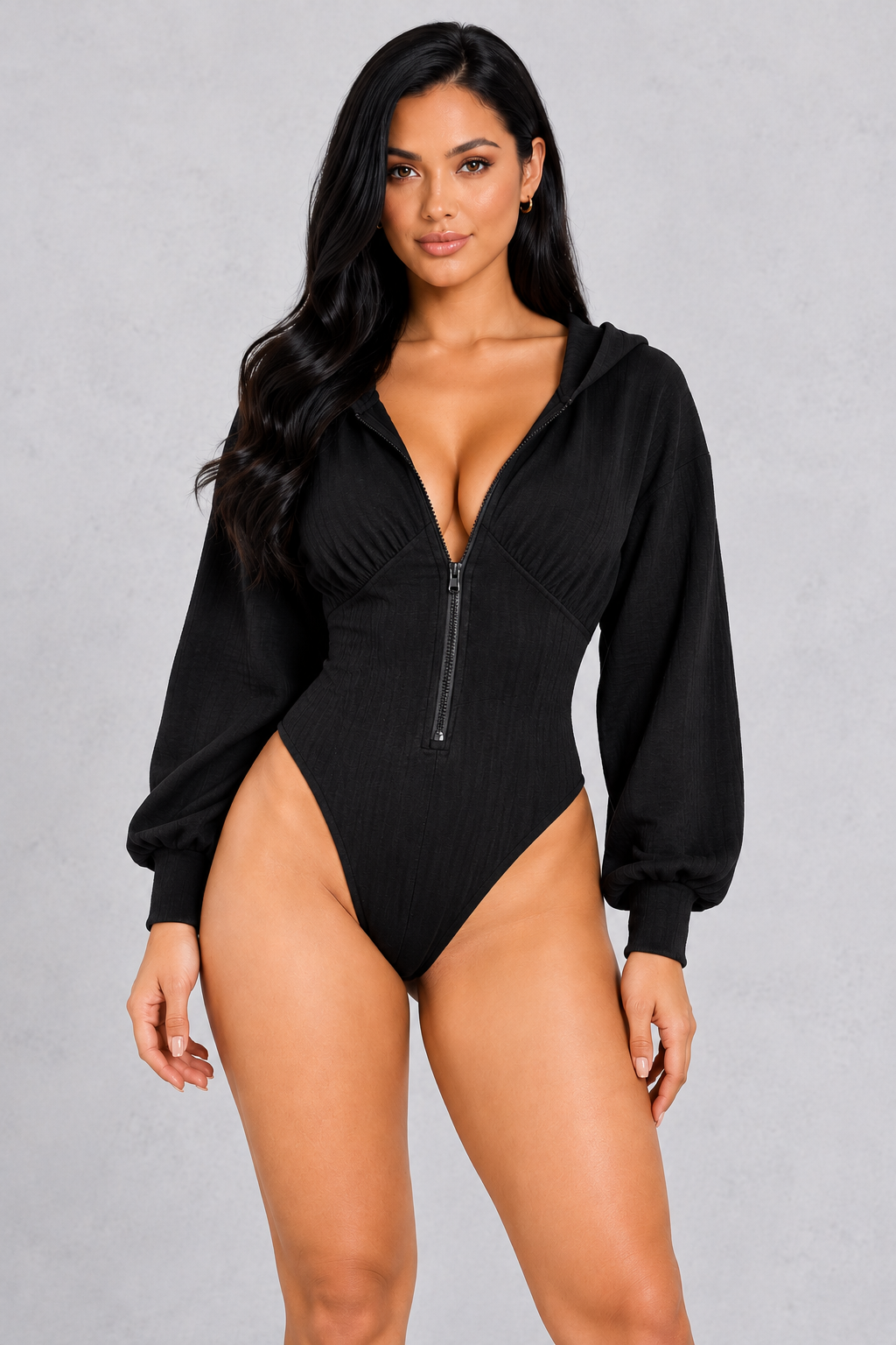 Sculp Hooded Long Sleeve Bodysuit in Black, front view
