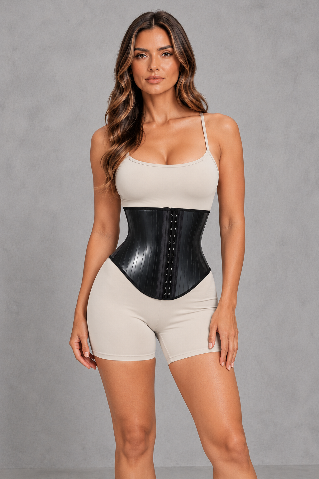 Sculp glossy latex hourglass waist cincher in Black – alternate front view