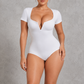 Sculp deep V-neck short sleeve bodysuit in White – front view