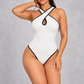 Sculp Ribbed Halter Cut-Out Bodysuit – White, front view