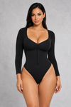 Sculp long sleeve zip-front thong bodysuit in black