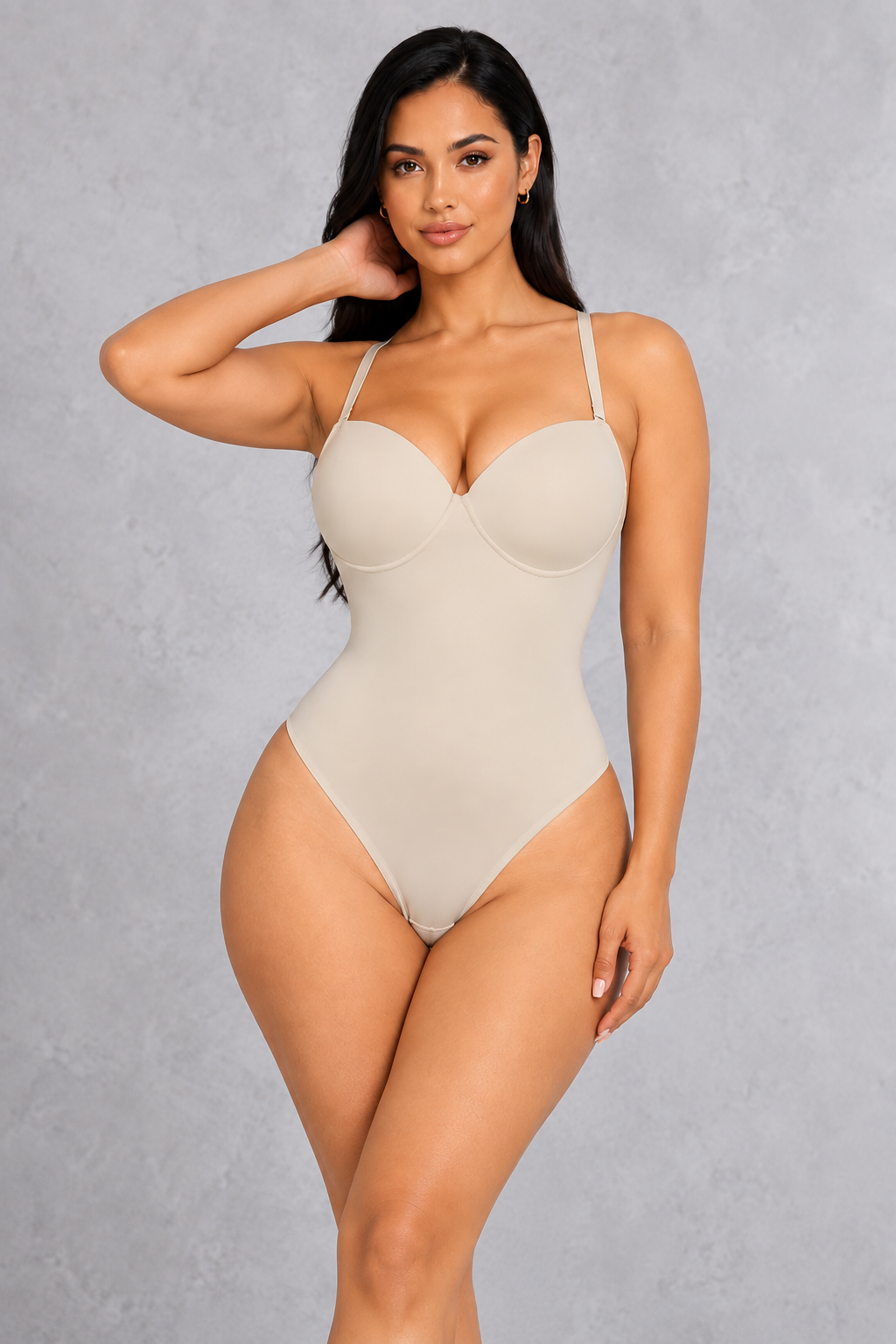 Sculp lace-up back thong bodysuit in nude with underwire cups
