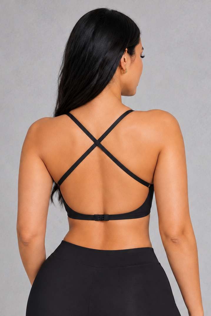 Sculp Deep Plunge Longline Push-Up Bra in Black – back, crossed straps