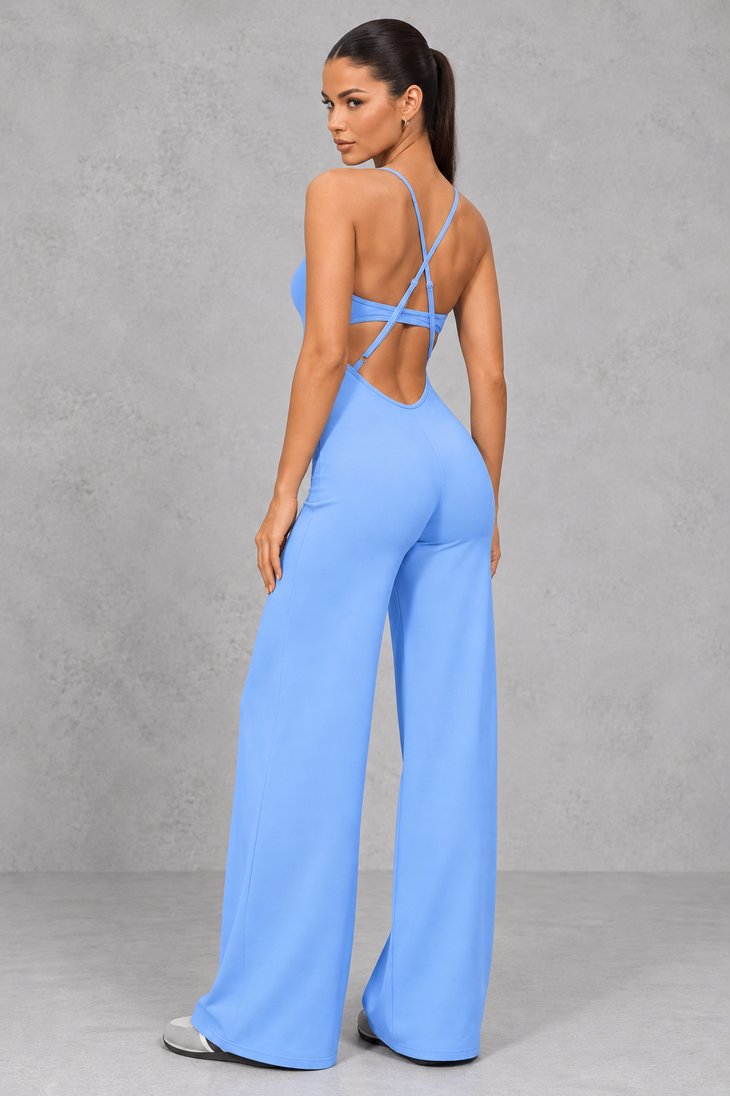 Sculp Cross-Back Wide Leg Yoga Jumpsuit – back view showing crisscross straps
