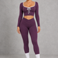 Sculp Long Sleeve Crop Top & Crossover Leggings Set in Purple – front view with tie-front neckline