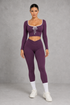 Sculp Long Sleeve Crop Top & Crossover Leggings Set in Purple – front view with tie-front neckline