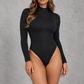 Sculp Long Sleeve Zip-Front Thong Bodysuit – Black