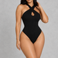 Sculp Ribbed Halter Cut-Out Bodysuit – Black, front view