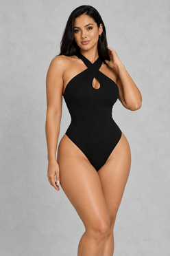 Sculp Ribbed Halter Cut-Out Bodysuit – Black, front view