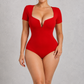 Sculp deep V-neck short sleeve bodysuit in Red – front view