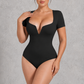 Sculp deep V-neck short sleeve bodysuit in Black – front view