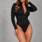 Sculp Long Sleeve Zip-Front Thong Bodysuit – Black