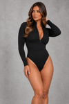 Sculp Long Sleeve Zip-Front Thong Bodysuit – Black