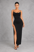 Sculp high-slit bodycon maxi dress in black with cami straps