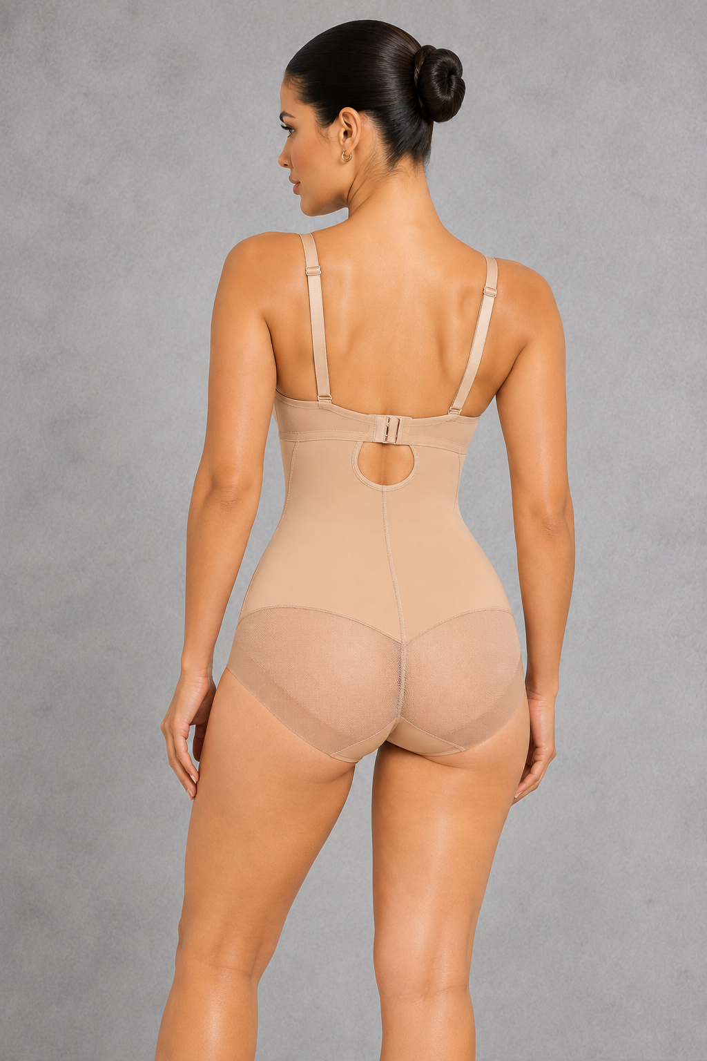 Sculp underwire push-up shaping bodysuit in nude, back view showing the hook closure and mesh brief