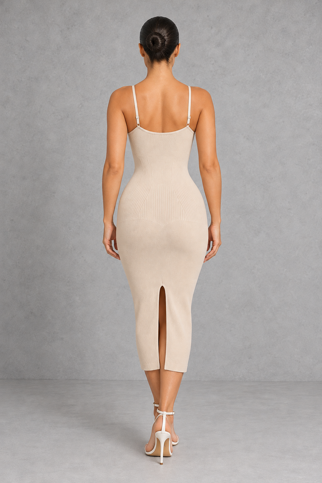 Sculp Tummy Control Shaping Dress in Nude – back view with low back and back split