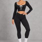 Sculp Long Sleeve Crop Top & Crossover Leggings Set in Black – front view