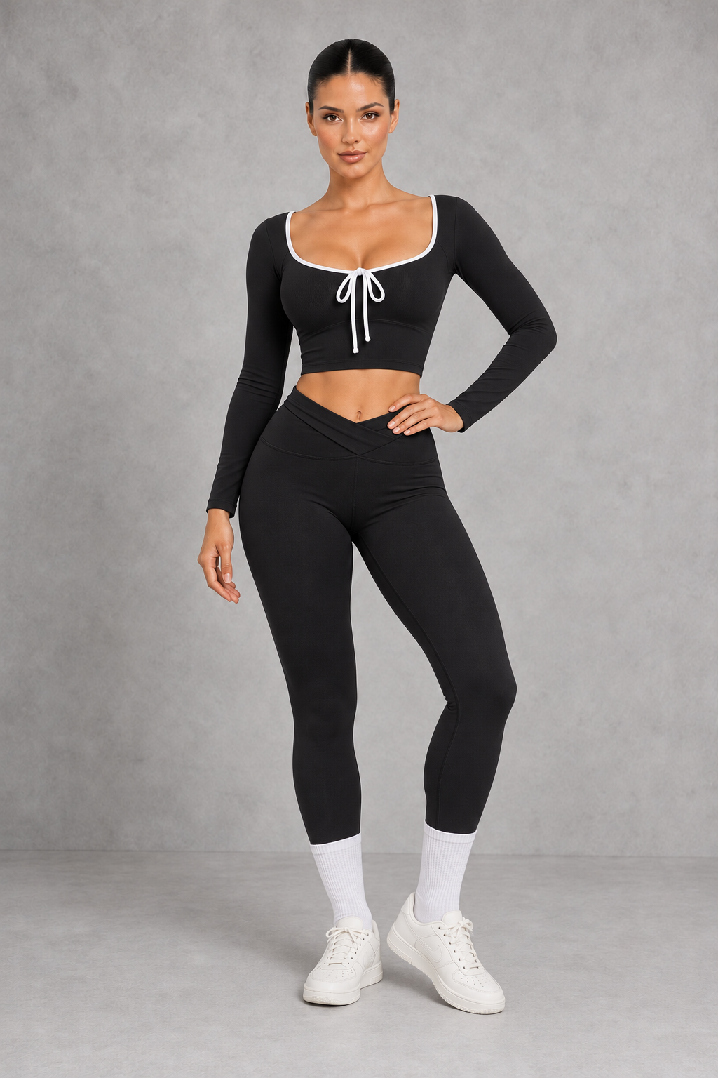 Sculp Long Sleeve Crop Top & Crossover Leggings Set in Black – front view