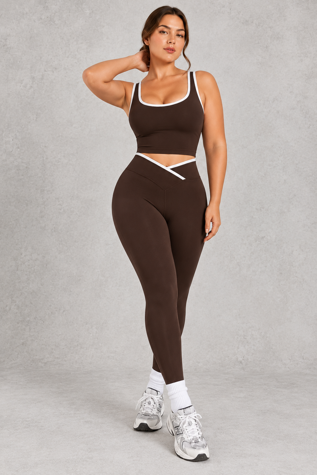 Sculp Crossover Leggings & Sports Bra Gym Set in Chocolate – front view
