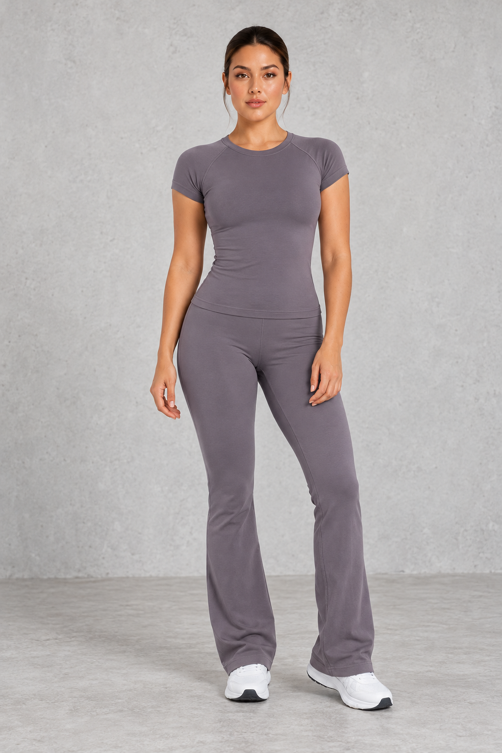 Sculp Fitted T-Shirt & Flared Leggings Set in Dark Grey – front view