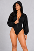 Sculp Hooded Long Sleeve Bodysuit in Black, front view with hood up and half-zip
