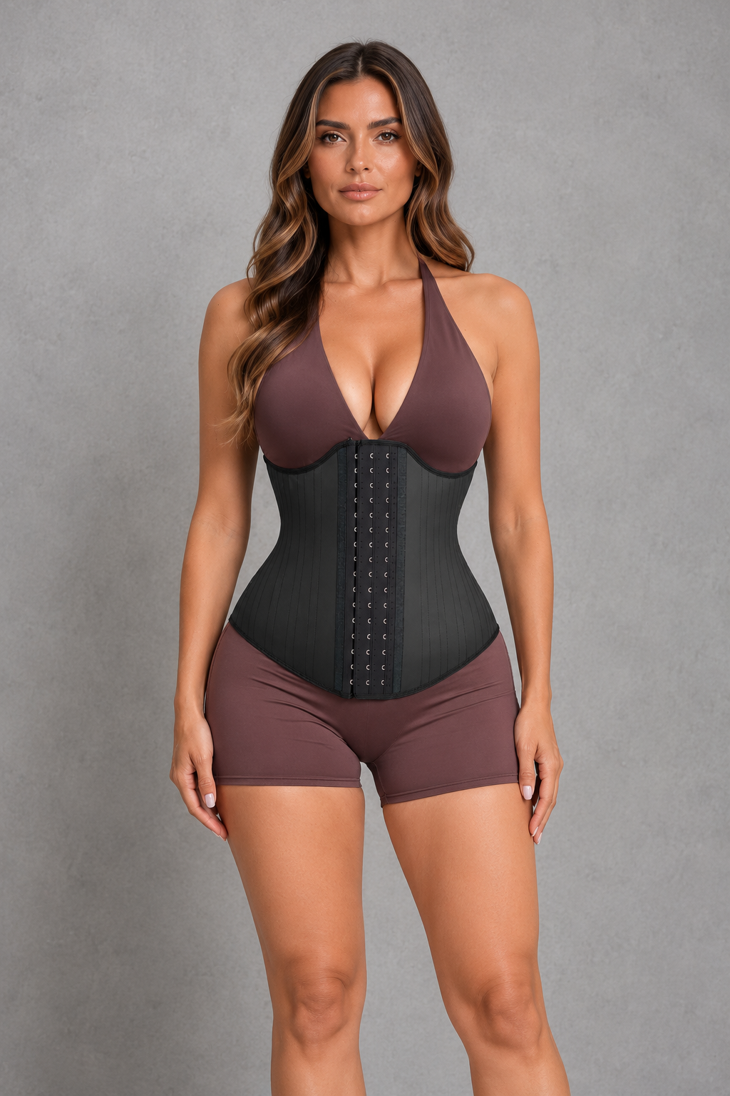 Sculp matte latex waist trainer corset in Black – front view