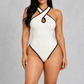 Sculp Ribbed Halter Cut-Out Bodysuit – Cream, front view