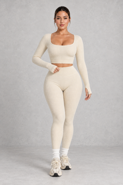 Sculp Ribbed Square Neck Gym Co-Ord in Ivory – front view