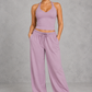 Sculp Wrap Top & Wide Leg Joggers Lounge Set in Purple – front view with halter top and joggers