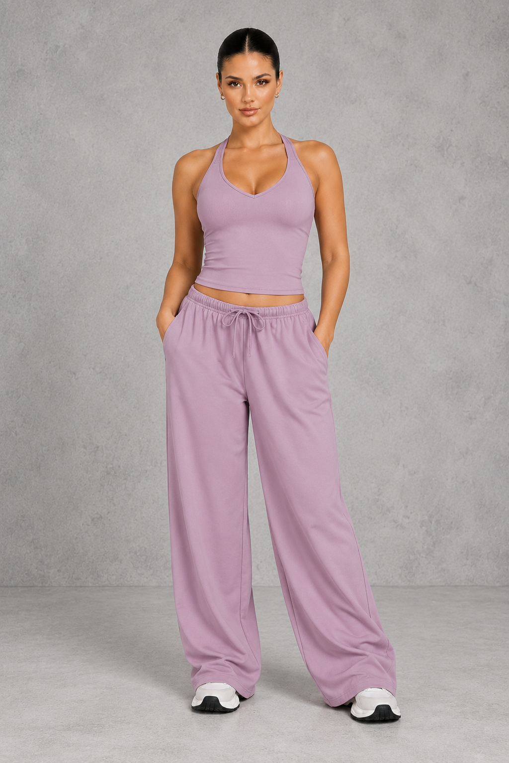 Sculp Wrap Top & Wide Leg Joggers Lounge Set in Purple – front view with halter top and joggers