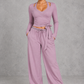 Sculp Wrap Top & Wide Leg Joggers Lounge Set in Purple – front view with tie-front wrap top