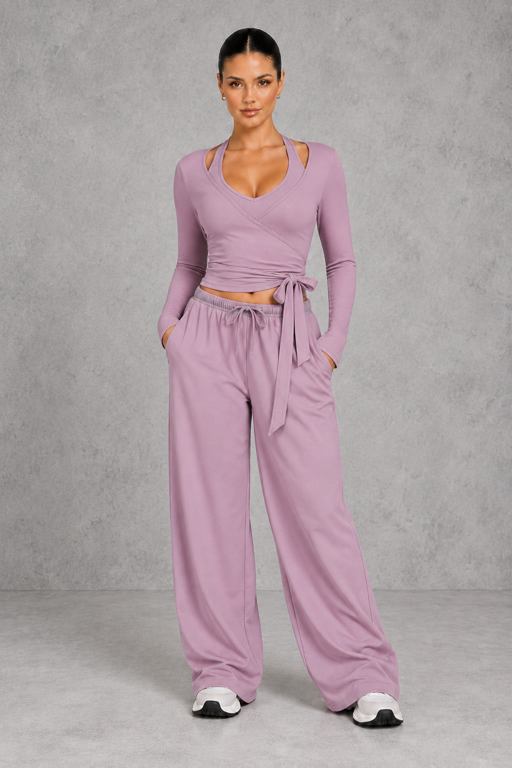 Sculp Wrap Top & Wide Leg Joggers Lounge Set in Purple – front view with tie-front wrap top