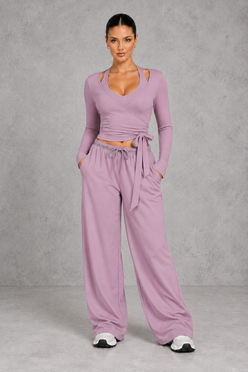 Sculp Wrap Top & Wide Leg Joggers Lounge Set in Purple – front view with tie-front wrap top