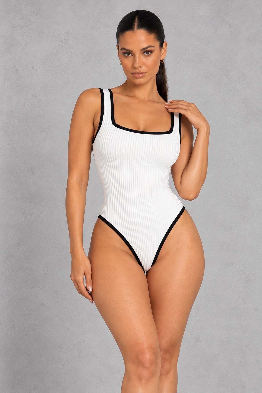 Sculp Ribbed Square Neck Bodysuit – Contrast Trim Sleeveless Top – White