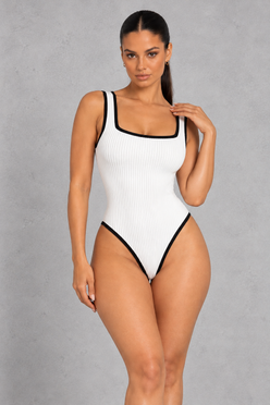 Sculp Ribbed Square Neck Bodysuit – Contrast Trim Sleeveless Top – White