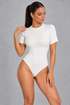 Sculp Ribbed Short Sleeve Bodysuit – Round Neck Everyday Top – White, front