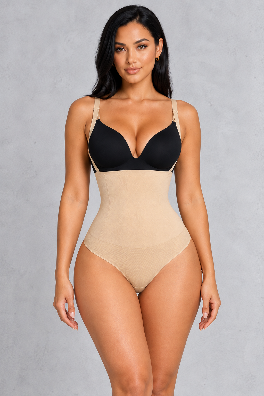 Sculp open bust thong bodysuit in nude, worn with own bra