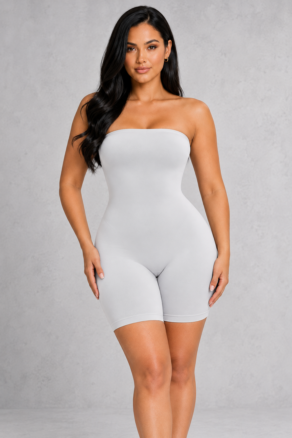 Sculp strapless mid-thigh shapewear bodysuit in grey, front view